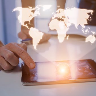 Global business concept, world map hologram, business team
